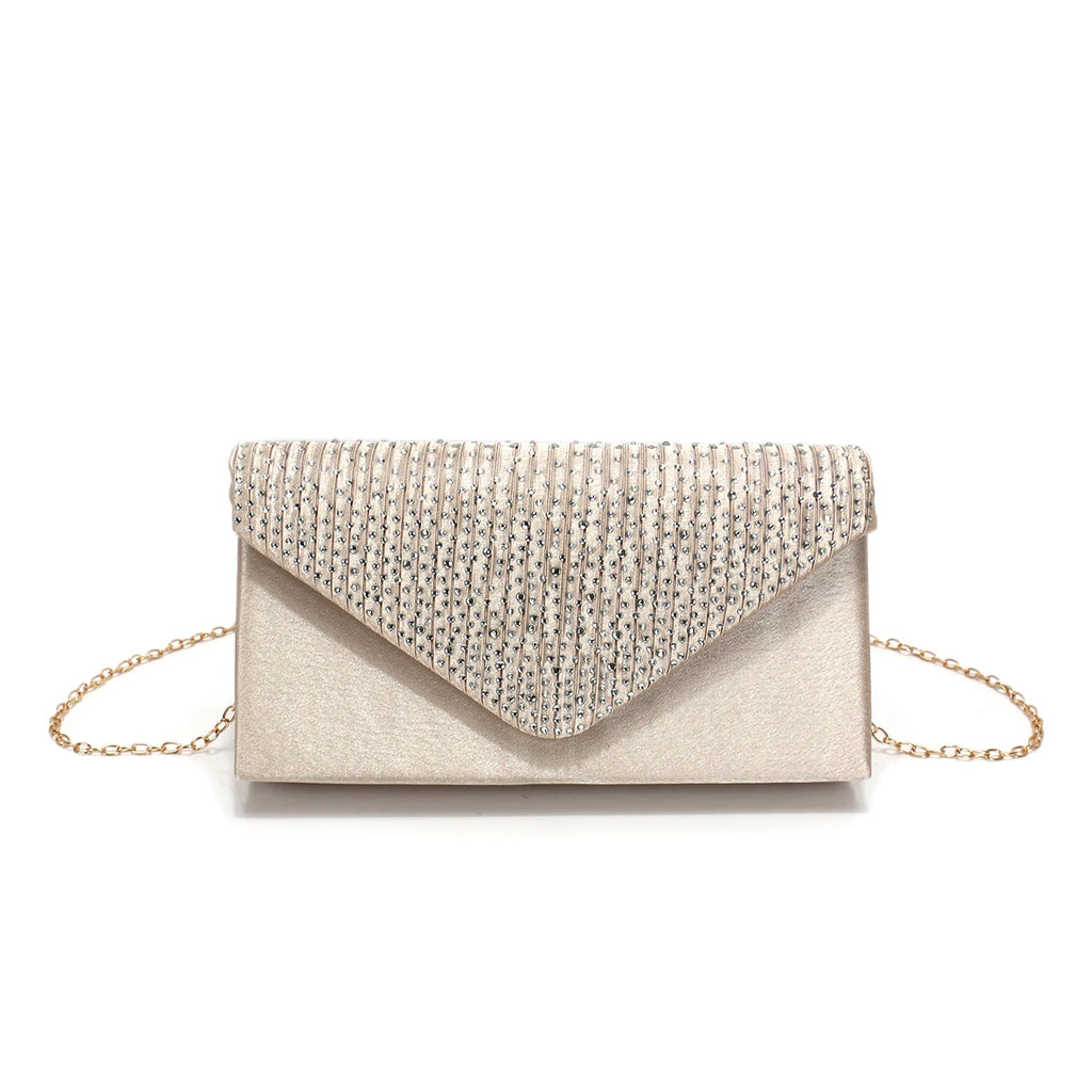 Rhinestones Women Evening Bags Small Envelope Design Handbags Satin Shoulder Chain Handbags Glitter Purple Color Cocktail Purse
