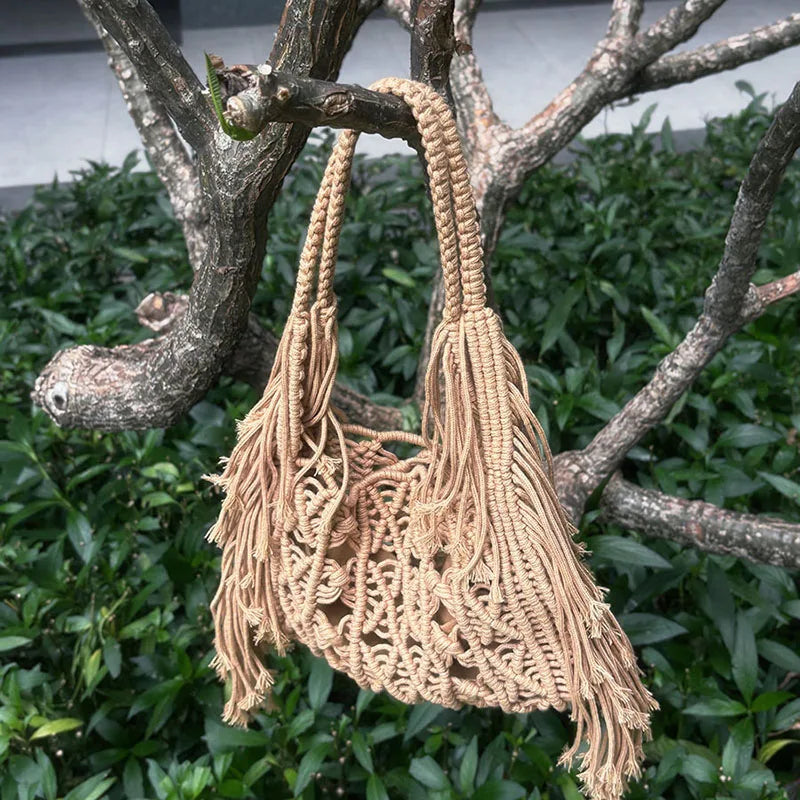 New Bohemian Hand-woven Bag Tote Hollow Beach Bags For Women Handbag Handmade Woven Shoulder Bag Summer Travel Bag
