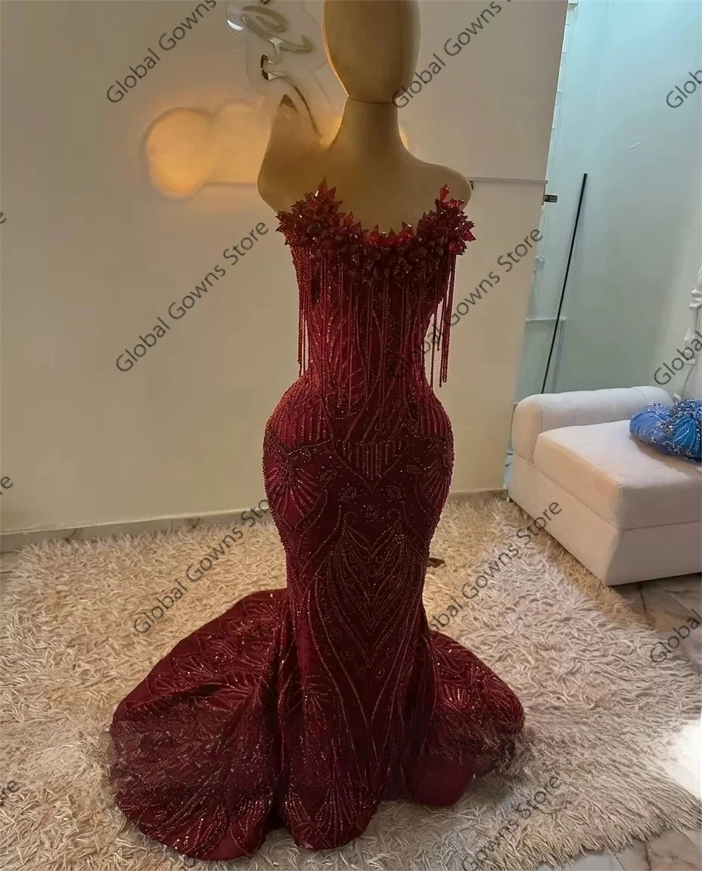 Red Prom Dresses For Girls 2026 Sparkly Sequins Mermaid Crystals Tassel Party Dress Luxury Sleeveless Evening Gowns Customized