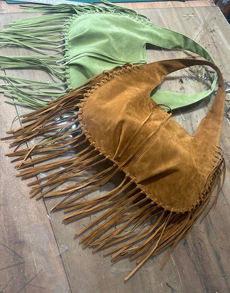 Tassel Crossbody Bag For Women Large Capacity Shoulder Bags Commuter Suede Travel Handbags Solid Color Purse Handbags