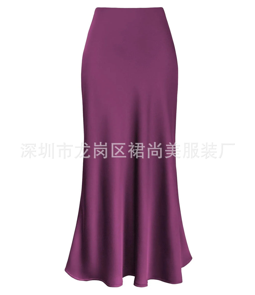 Elegant Faux Silk Satin Skirts for Women High Waist A-line Office Lady  Solid Color Glossy Finish Fishtail Skirt