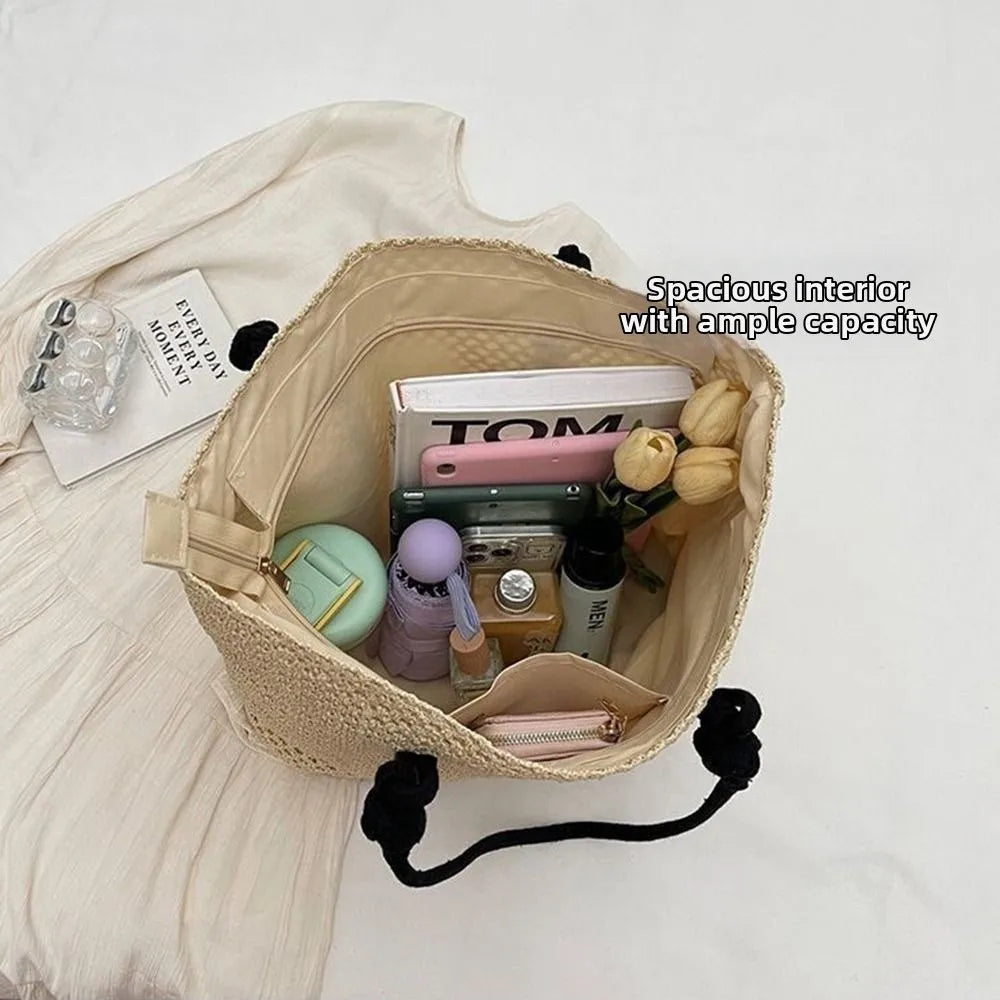 Handmade Straw Woven Bags Large Capacity Zipper Closure Beach Handbags Top-Handle Solid Color Women's Shoulder Bags