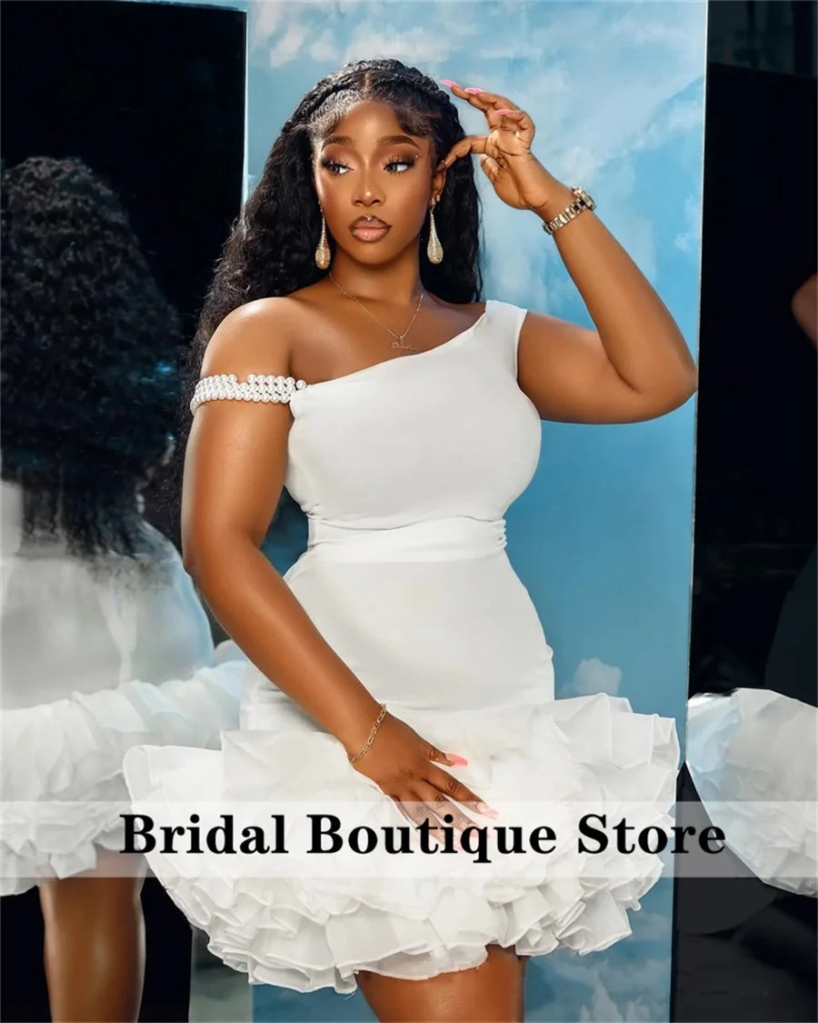 Sexy White Short Prom Dress For Black Girls Ruffles Pearls Off Shoulder Homecoming Gown Birthday Party Customized 