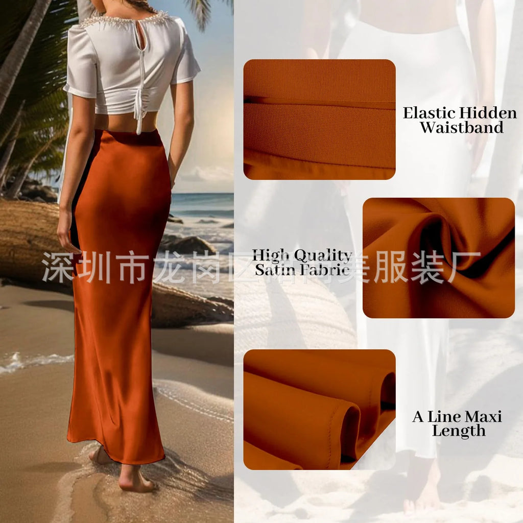 Elegant Faux Silk Satin Skirts for Women High Waist A-line Office Lady  Solid Color Glossy Finish Fishtail Skirt