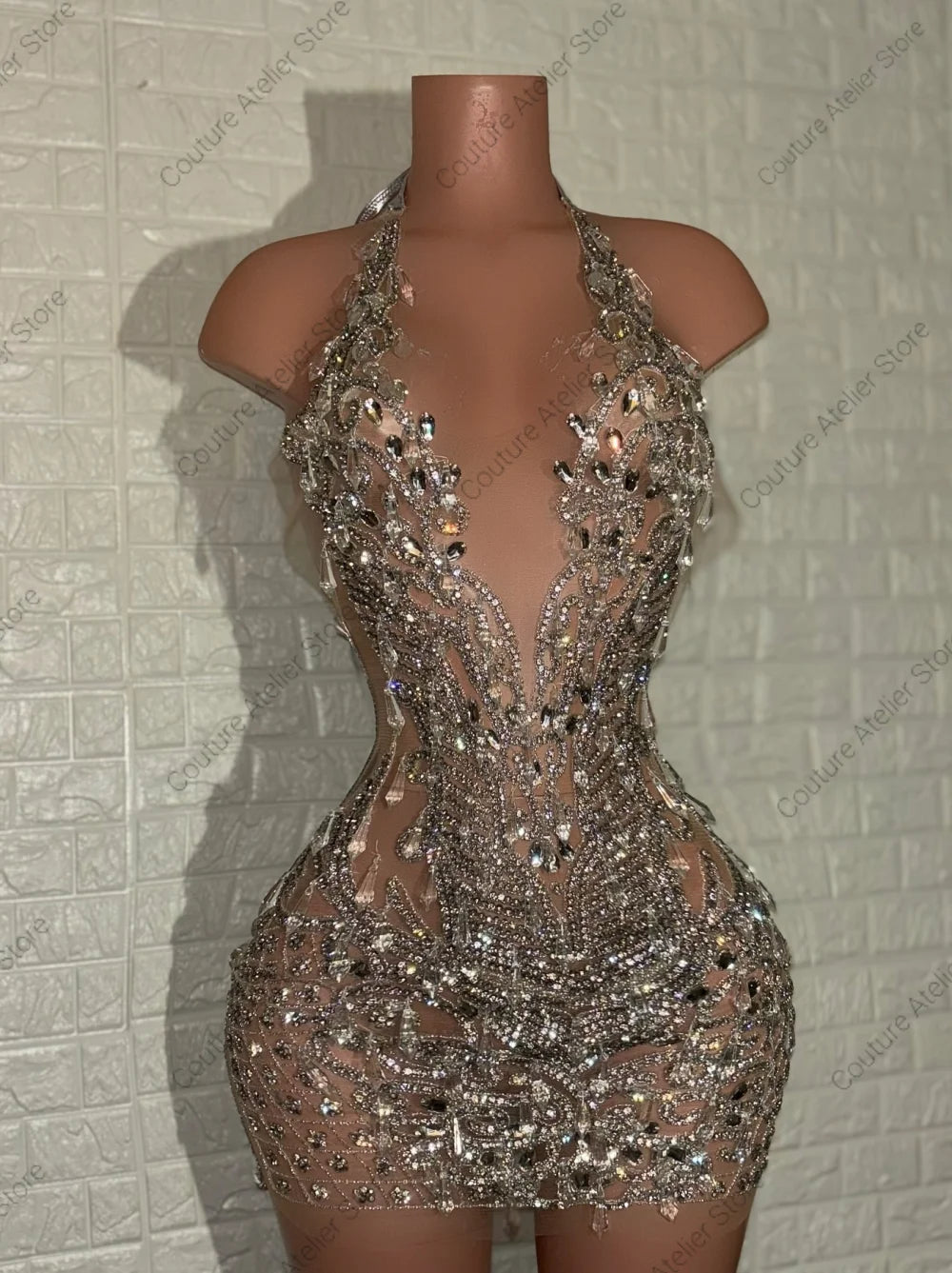 Silver Prom Dresses 2026 Black Girls Halter Beaded Rhinestones Mini Cocktail Dress African Birthday Party Gowns Customized