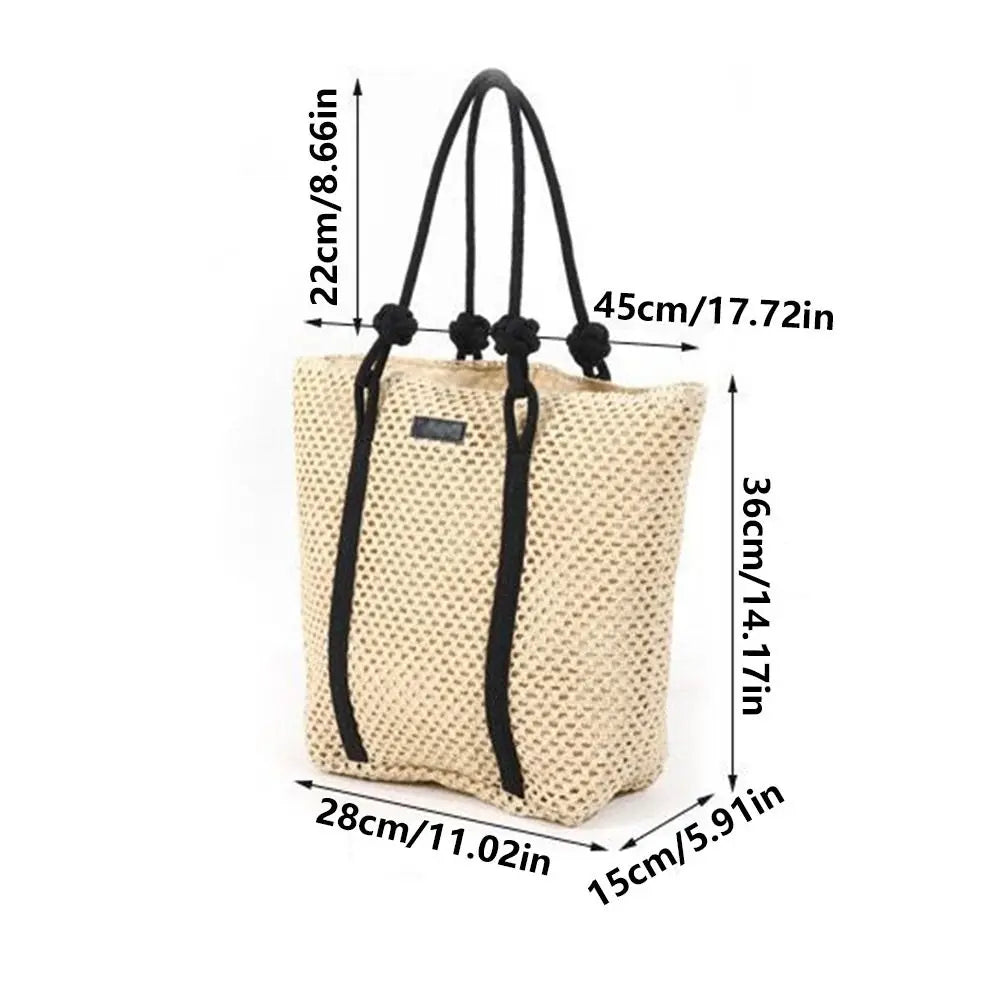 Handmade Straw Woven Bags Large Capacity Zipper Closure Beach Handbags Top-Handle Solid Color Women's Shoulder Bags
