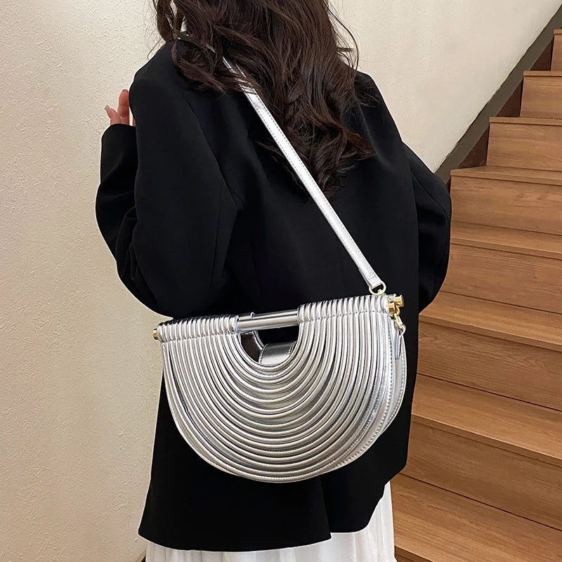 Handbags for Women. New Gold Luxury Designer Brand Handwoven Noodle Bags Rope Knotted Pulled Half Moon Silver Evening Clutch