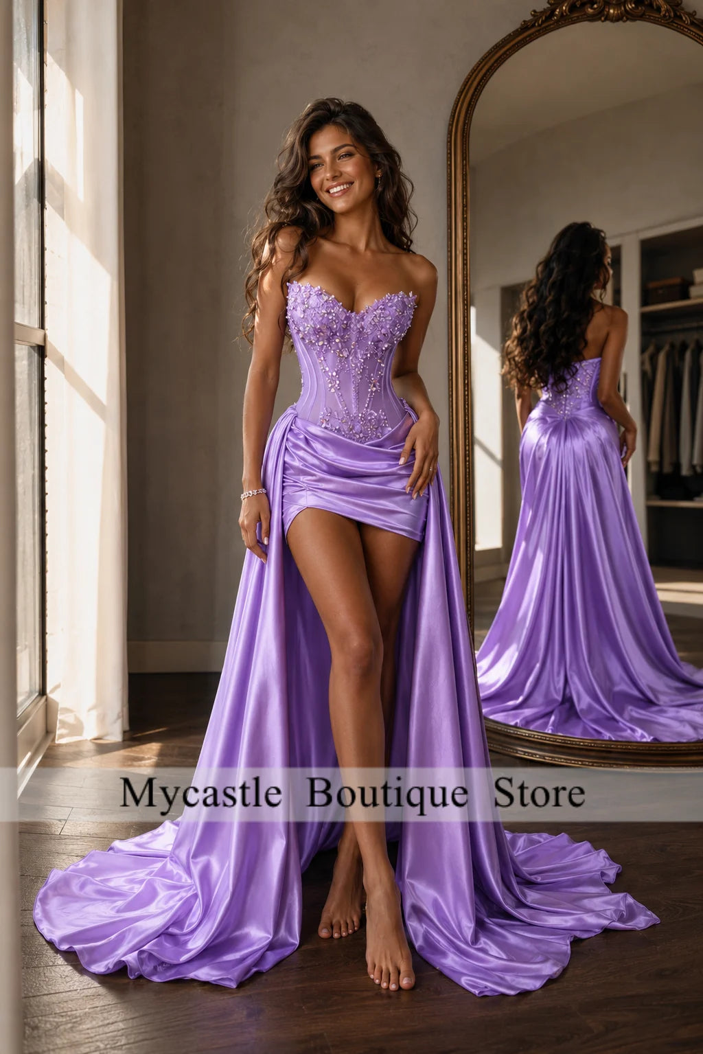 Gorgeous Lavender Purple 3D Floral Prom Dresses Corset Satin Overlay Mermaid Long Train Formal Gala Gown For Women Customized