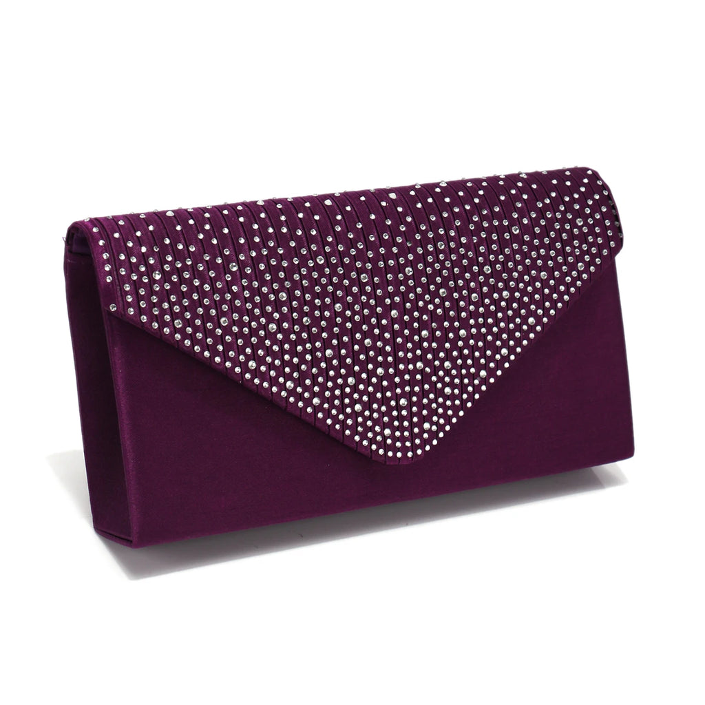 Rhinestones Women Evening Bags Small Envelope Design Handbags Satin Shoulder Chain Handbags Glitter Purple Color Cocktail Purse