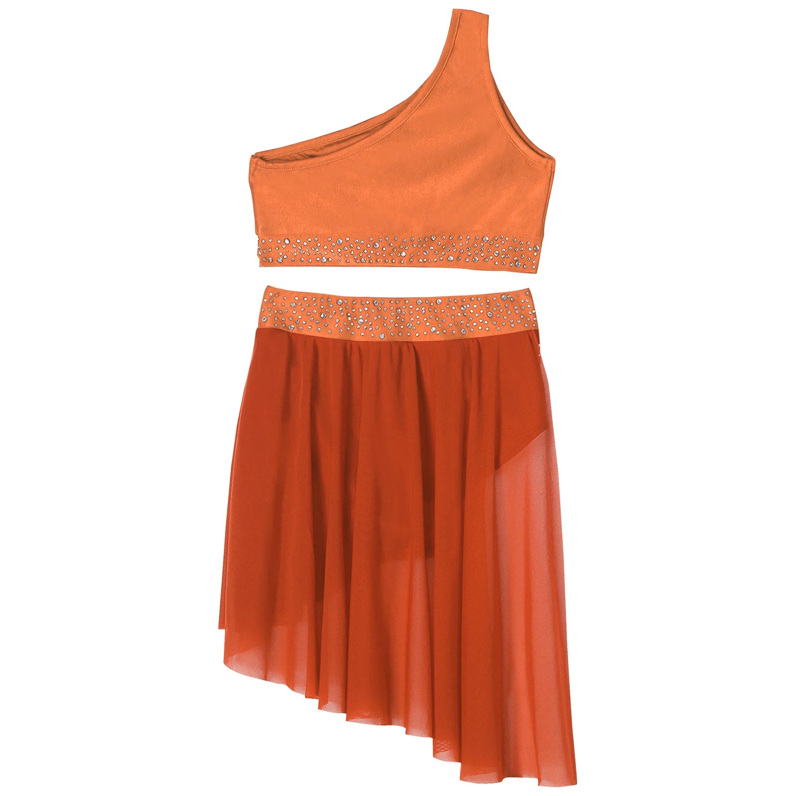 Teen Girls Modern Lyrical Dance Performance Outfit One Shoulder Crop Top with Leotard Skirt for Jazz Skating Ballet Gymnastics