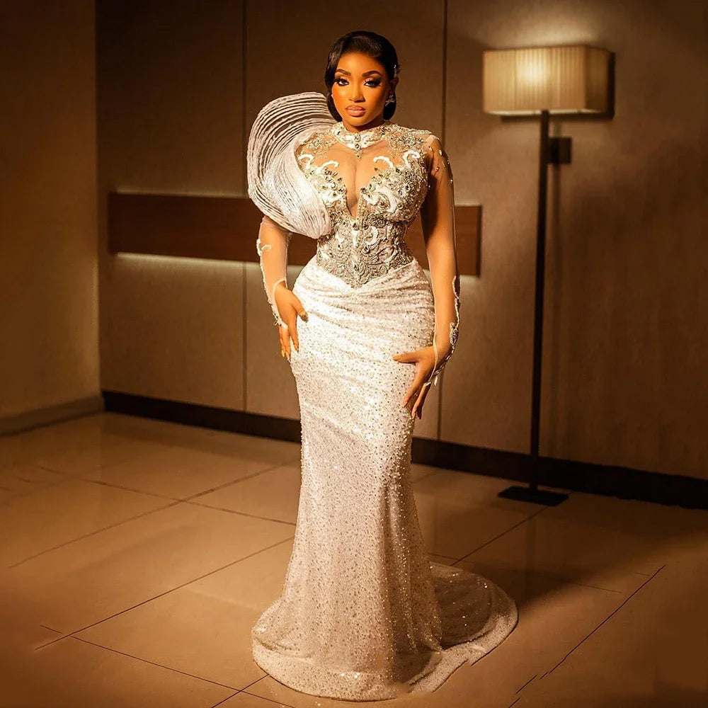 Fashionable Elegant Plus Size Prom Dresses for Black Women Prom Dress High Neck Long Sleeves Rhinestones Decorated Sequined Lace