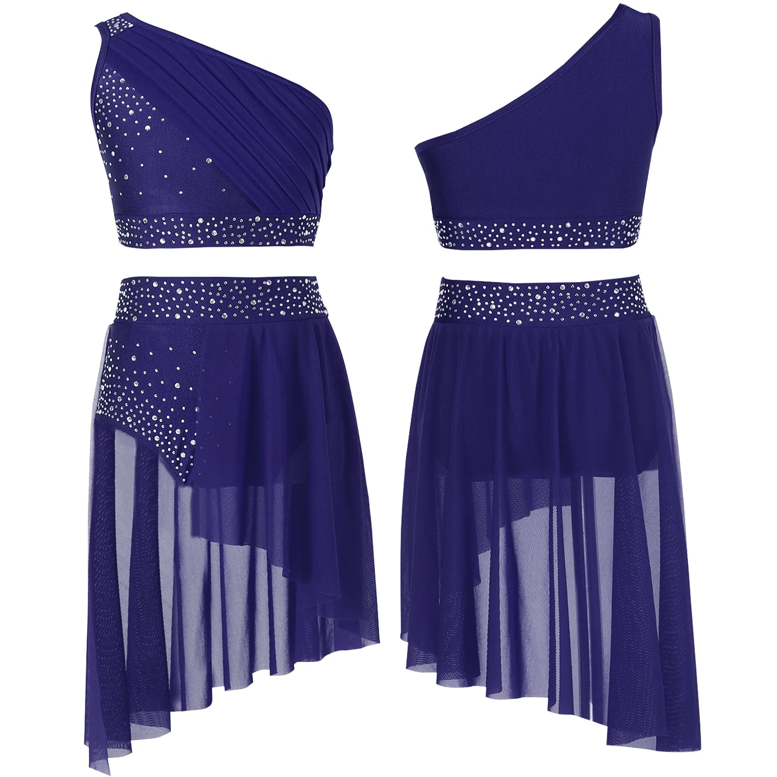 Teen Girls Modern Lyrical Dance Performance Outfit One Shoulder Crop Top with Leotard Skirt for Jazz Skating Ballet Gymnastics
