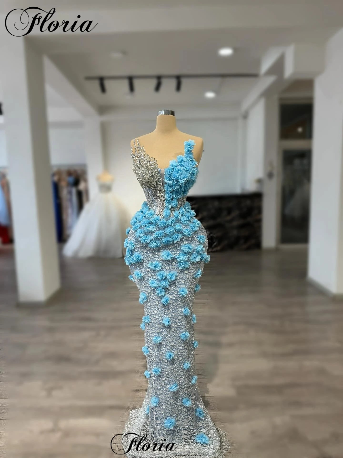 New Fashion Blue Prom Dresses With Flowers Sweetheart Elegant Evening Dresses Mermaid Celebrity Dresses For Women Customized