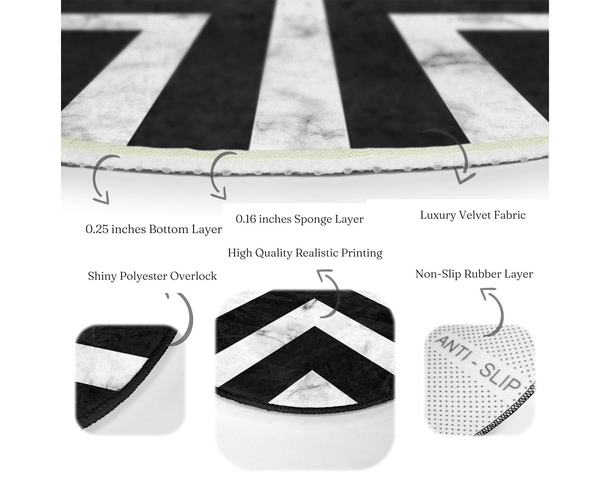 Modern Round Rug, Black and White Decorative Living Room Area Rug, Non