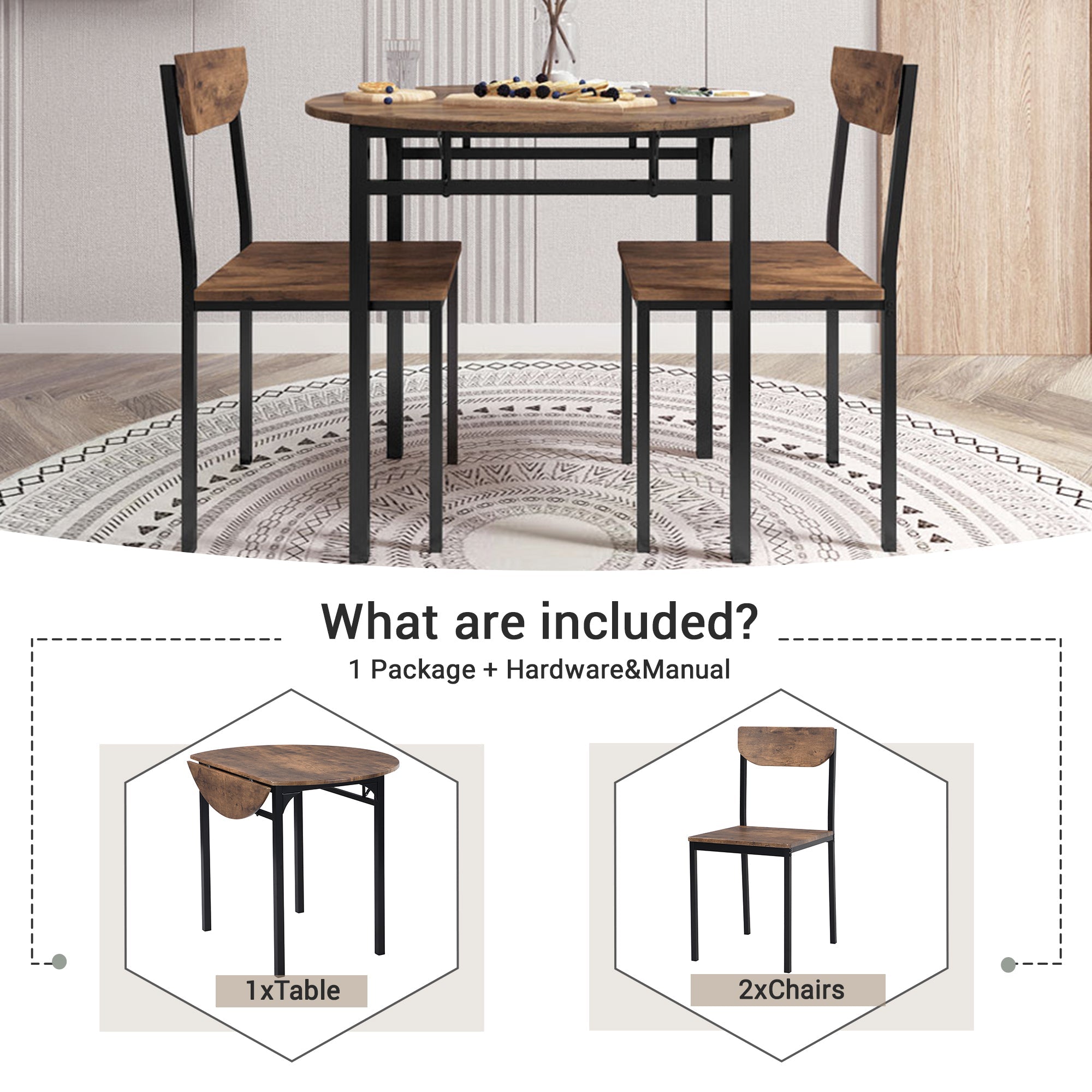 Modern 3-Piece Round Dining Table Set with Drop Leaf and 2 Chairs for