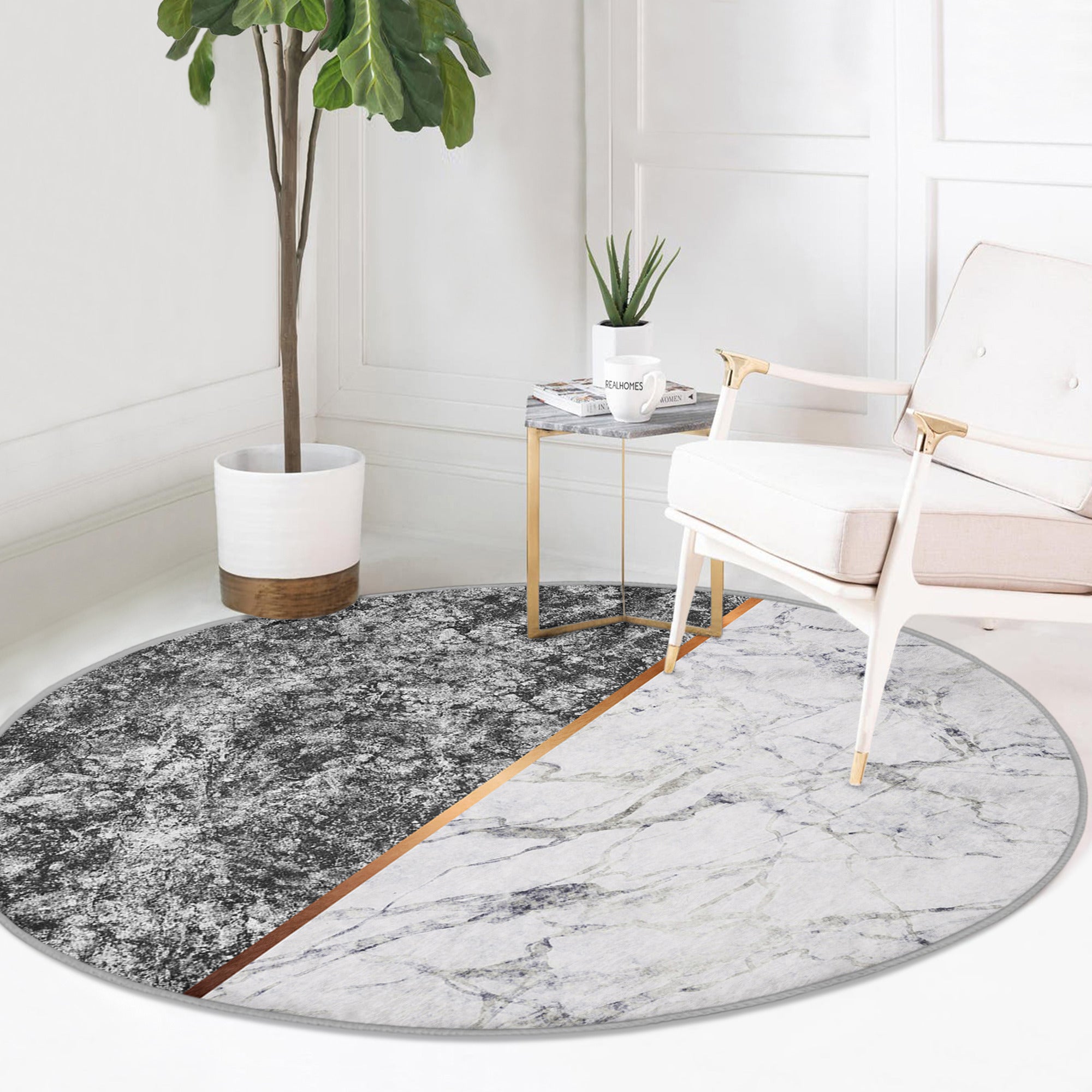 Marble Round Rug, White and Gray Circle Carpet, Anti Slip Round Rug,