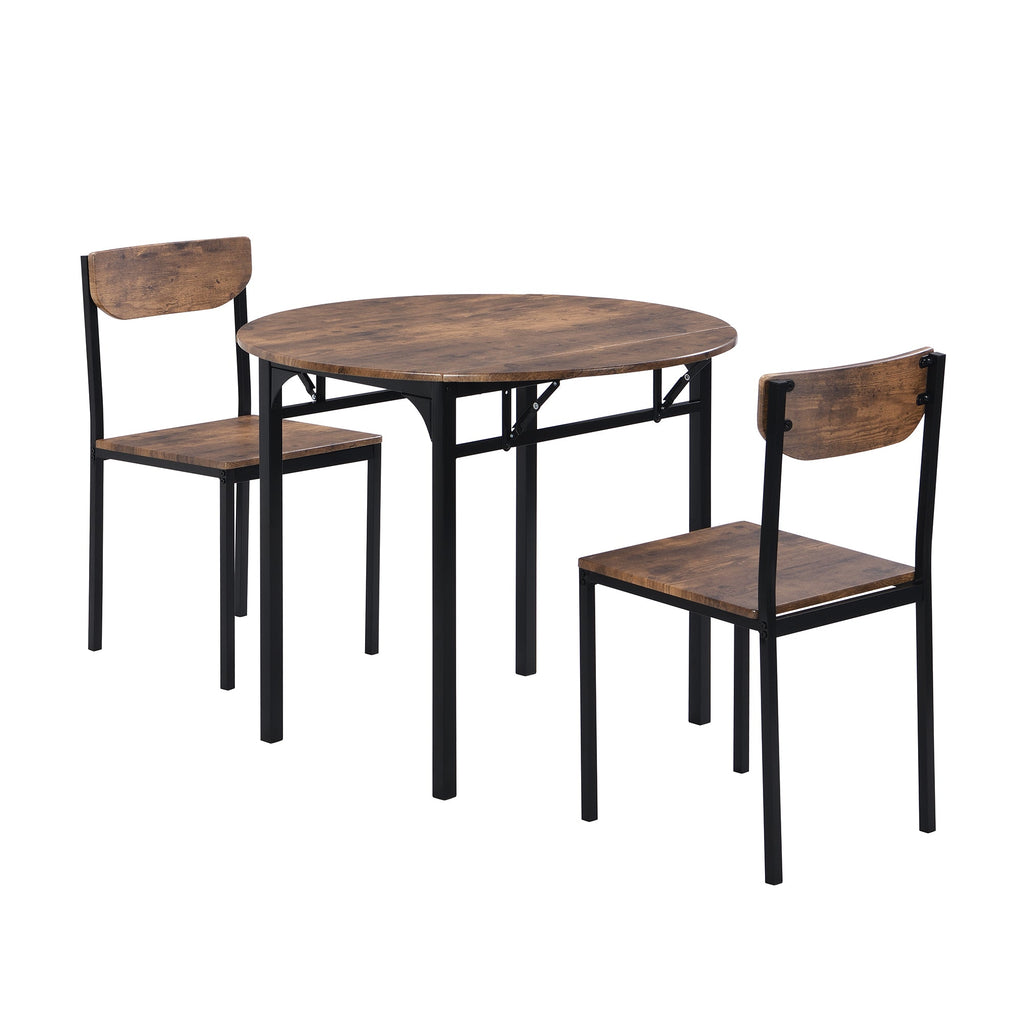 Modern 3-Piece Round Dining Table Set with Drop Leaf and 2 Chairs for
