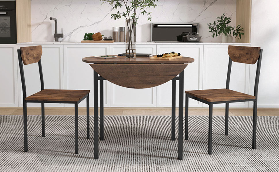 Modern 3-Piece Round Dining Table Set with Drop Leaf and 2 Chairs for