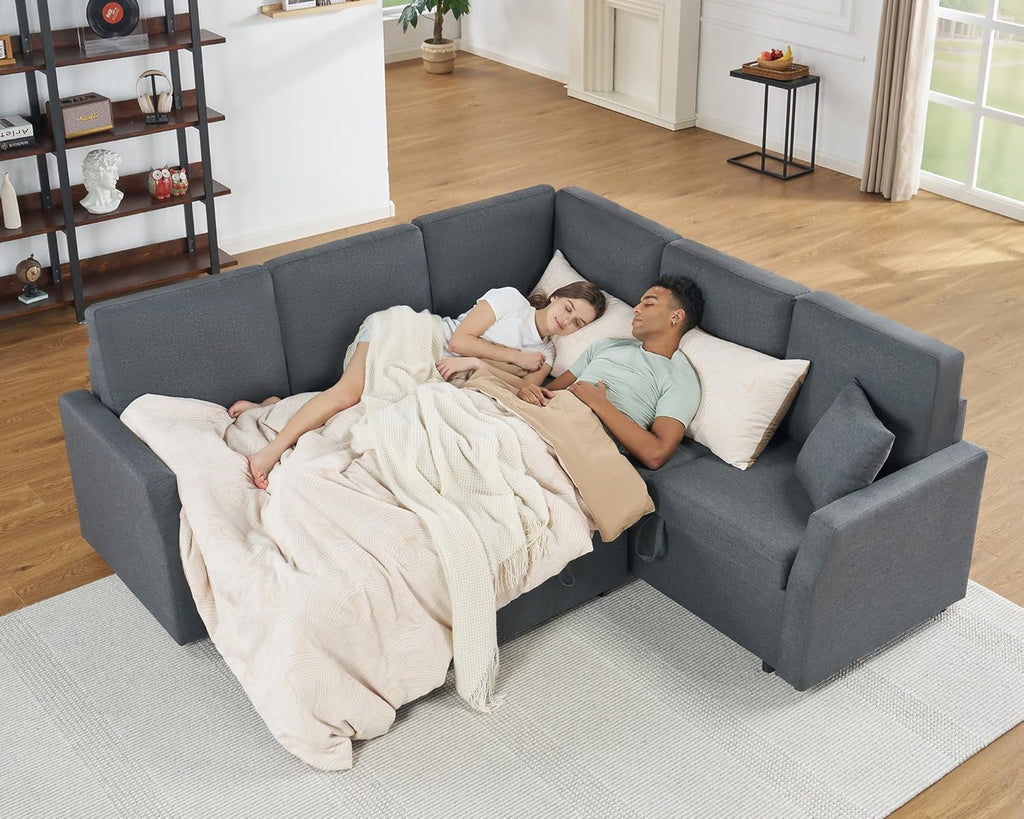 Grey L Shaped Sectional Sofa Bed 85 Inch With Storage