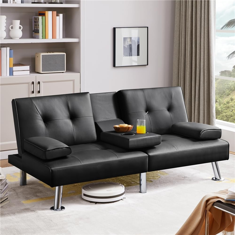 Convertible Sofa Bed Black Faux Leather With Cup Holders