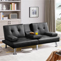 Convertible Sofa Bed Black Faux Leather With Cup Holders