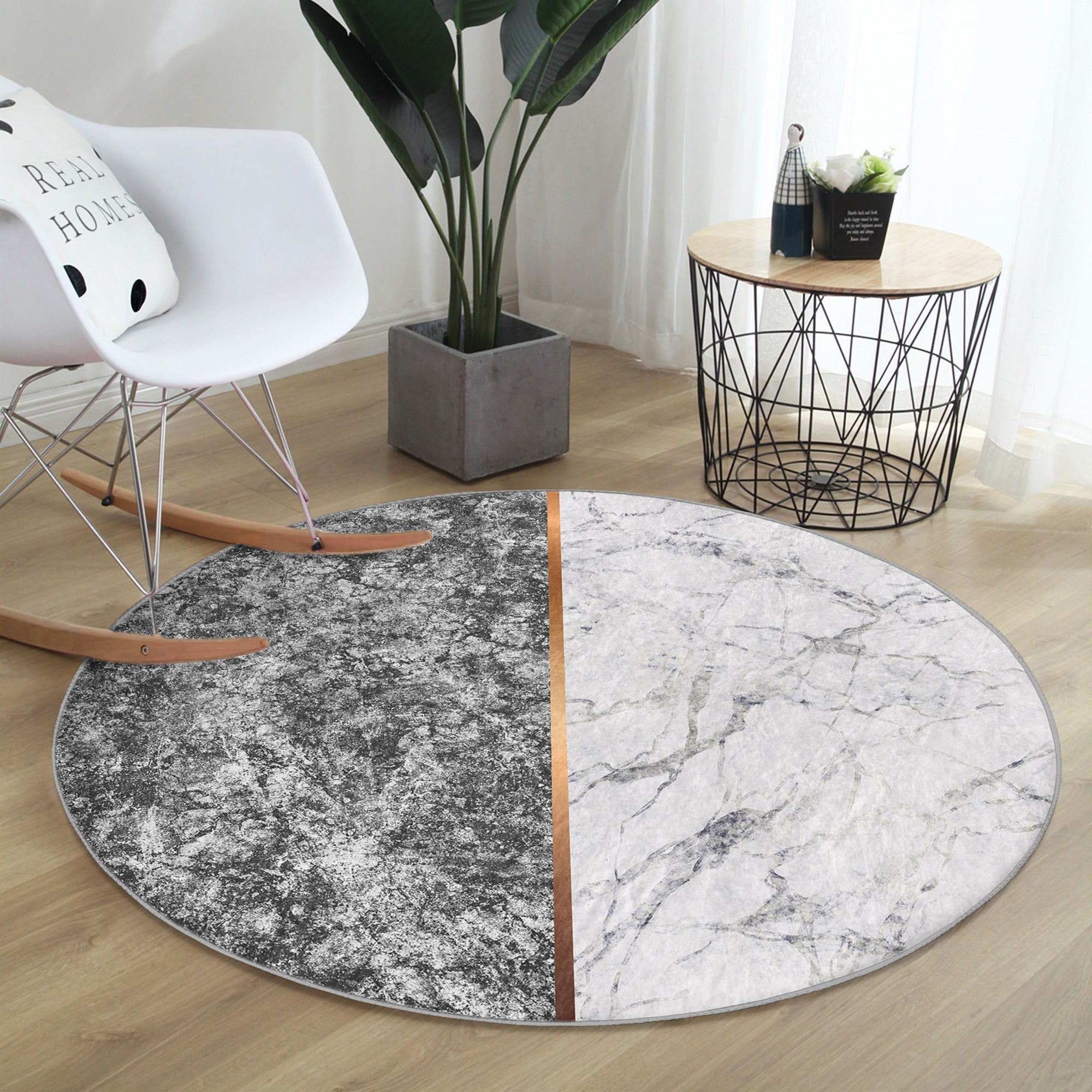Marble Round Rug, White and Gray Circle Carpet, Anti Slip Round Rug,