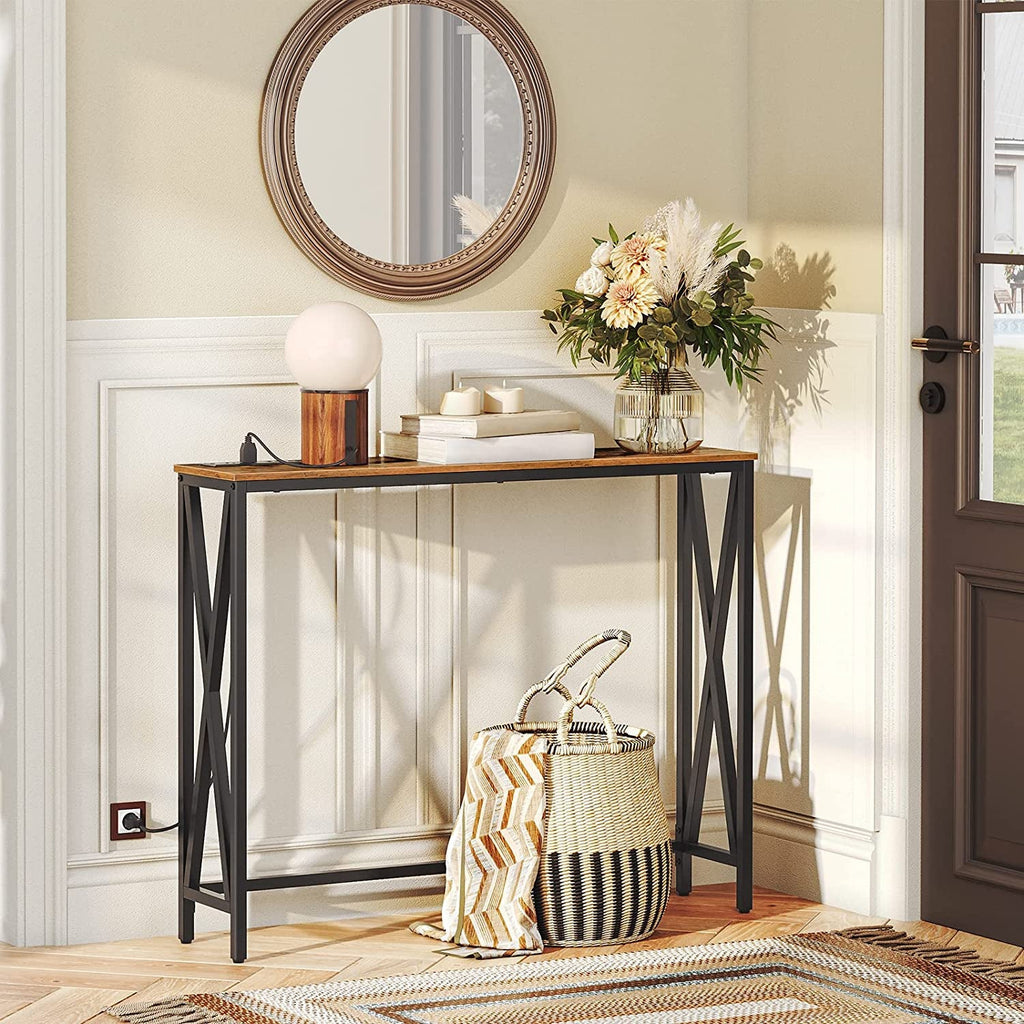 Rustic Brown Sofa Table With Power Outlet And USB Ports