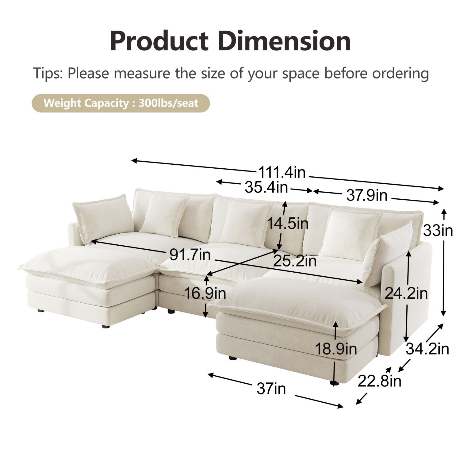 U-Shaped Sectional Sofa w/Reversible Footrest, 5-Seater Convertible