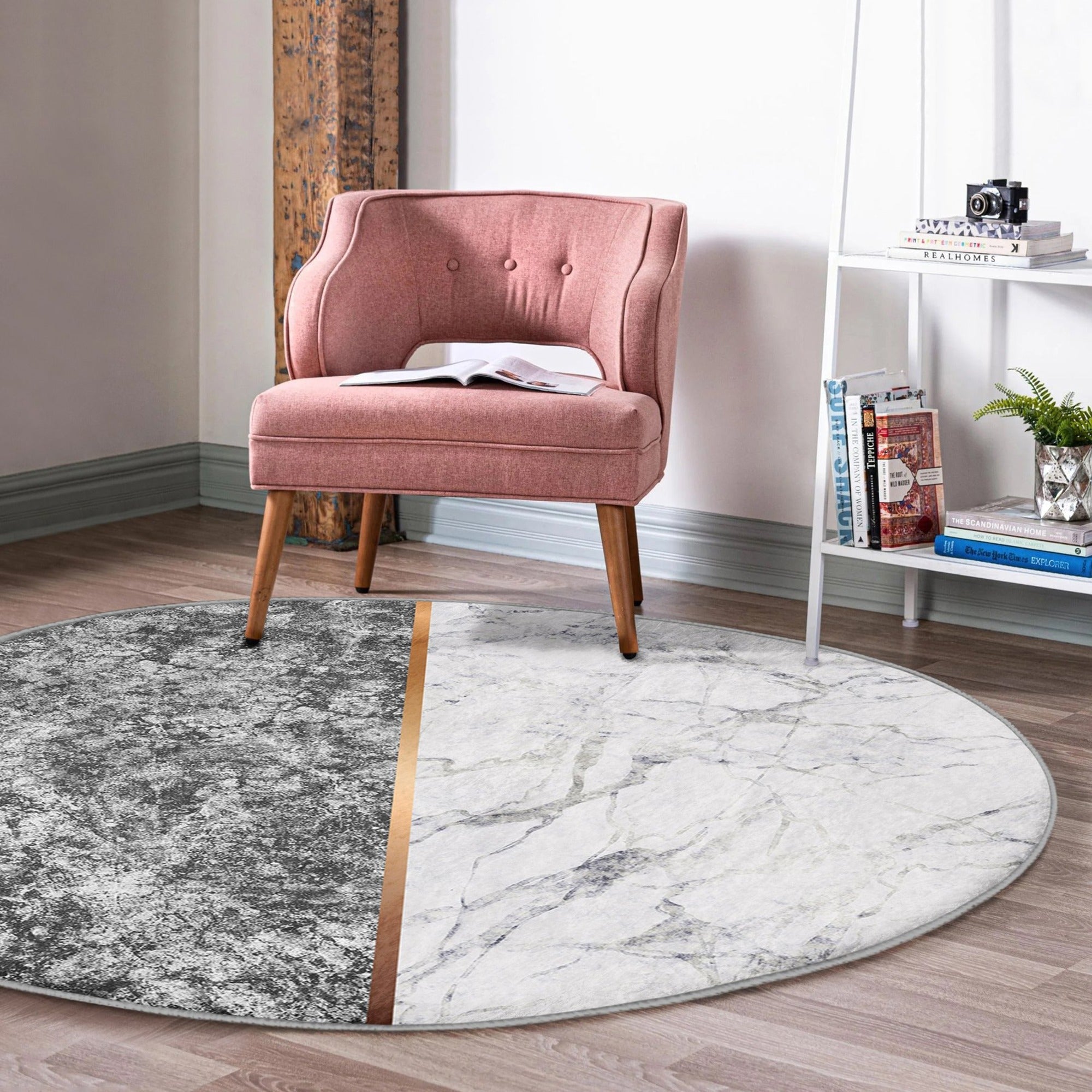 Marble Round Rug, White and Gray Circle Carpet, Anti Slip Round Rug,