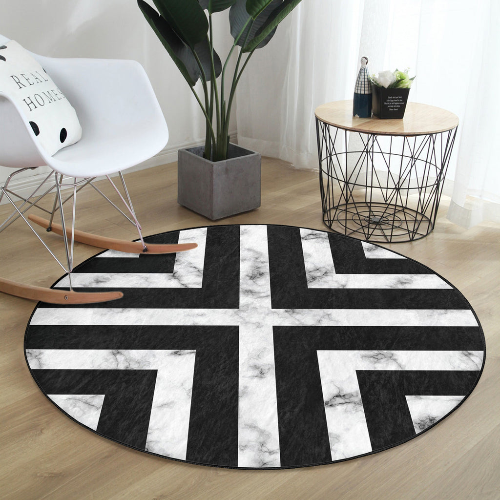 Modern Round Rug, Black and White Decorative Living Room Area Rug, Non