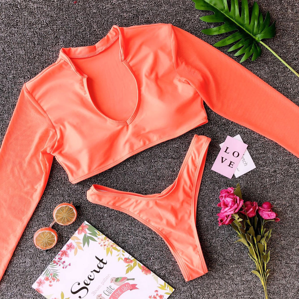 Swimwear for Women High Waist Long Sleeves Bikinis Set High Cut Sexy
